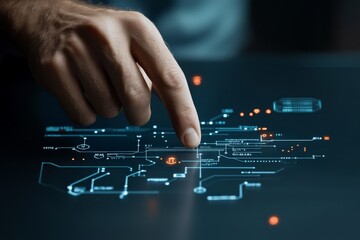 A hand interacts with an advanced digital screen, showcasing complex circuits and data flow, reflecting technological innovation and human-machine interaction.