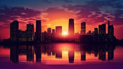 Obraz premium Vibrant city skyline at sunset reflecting on water, showcasing beautiful hues of orange, pink, and purple.