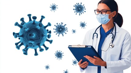 Portrait of a healthcare professional in protective mask and clothing examining and analyzing COVID 19 pandemic data and information on a clipboard with virus cells in the background