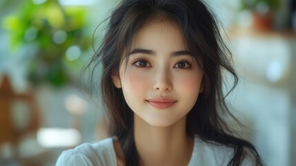 Obraz premium joyful young asian woman joyfully presenting an open palm, inviting viewers to envision possibilities, set against a clean, white backdrop that emphasizes her enthusiasm