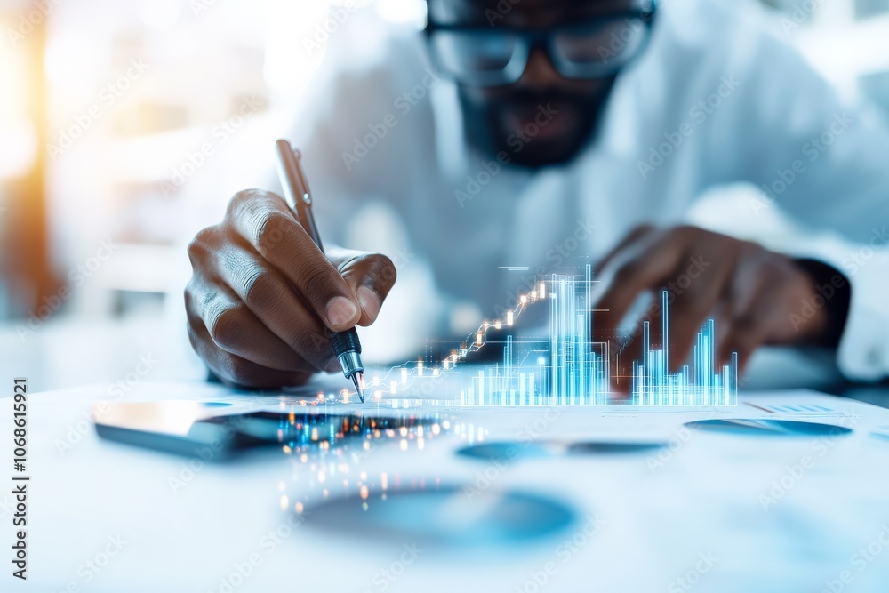 Poster a focused individual examines data, using a pen to annotate graphs and bar charts on paper, implying