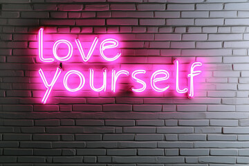 
Neon sign with the words "love yourself" on white brick wall, pink neon light, urban art style. motivational phrase, motivation, affirmation