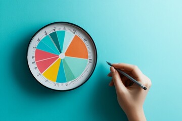 A pie chart featuring various vibrant colors is shown with a hand holding a pen nearby, suggesting analysis or presentation of important statistical data.