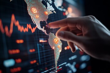 A hand points at a digital map highlighting global financial data with glowing indicators, representing connectivity, technology, and economic insight across continents.