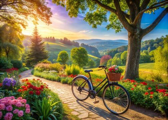 Fototapeta premium Serene Parked Bicycle in Scenic Landscape 