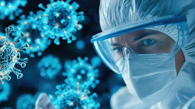 Scientist wearing a protective hazmat suit and face mask examining a sample of coronavirus under a microscope in a biosafety laboratory  Concept of medical research disease outbreak