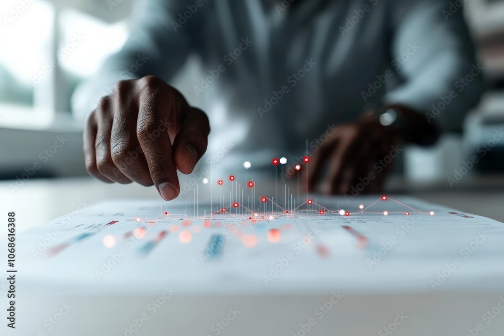 Poster a person interacts with a glowing, augmented reality data visualization over a printed document, sym