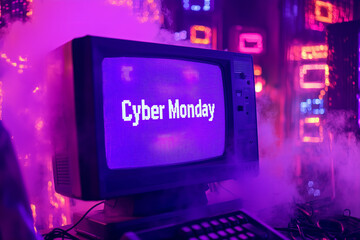 purple pixelated text "Cyber Monday" on a retro screen monitor with a glitch, empty room with neon lights and smoke background , sales, discounts , online shopping concept.
