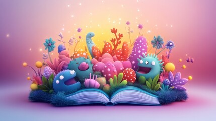A whimsical scene featuring colorful monsters and vibrant plants emerging from an open book, surrounded by a magical glow and sparkles.