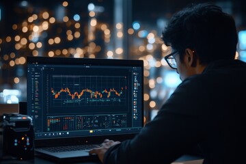 An individual deeply focused on a laptop screen filled with stock market graphs and data sits in a dimly lit space, epitomizing late-night financial analysis and strategy.