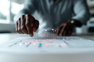 A person interacts with a glowing, augmented reality data visualization over a printed document, symbolizing advanced analytics and technology integration.