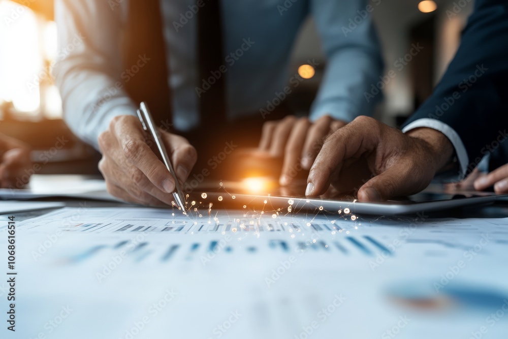 Poster a professional business scene with hands working over charts and graphs using a digital tablet, illu
