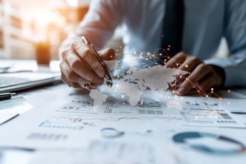 A business professional uses a pen to analyze printed global data, highlighting connections with a digital overlay of the world map, blending physical and digital.