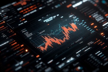 A digital dashboard features financial data analytics with graphs and charts, displaying fluctuating market trends, emphasizing analysis and technology's role in finance.
