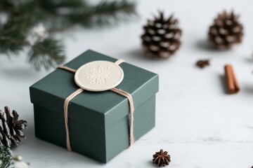 A small green gift box with a snowflake seal sits surrounded by pinecones and cinnamon sticks, creating a festive and cozy holiday atmosphere on a marble surface.