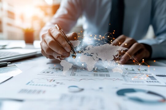 A business professional uses a pen to analyze printed global data, highlighting connections with a digital overlay of the world map, blending physical and digital.