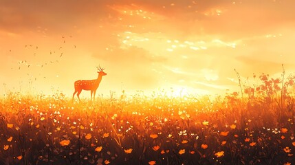 Serene Deer in Warm Wildflower Fields at Sunset