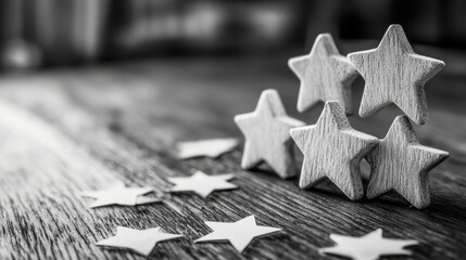 Wooden star shaped Christmas arranged on a rustic wooden table surface with copy space  Minimalist monochrome flat lay holiday background for greeting cards invitations or product placement