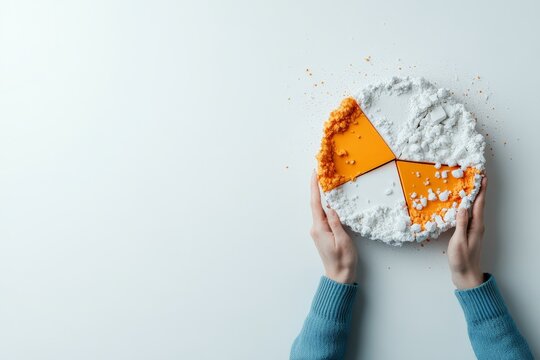 A creatively destroyed pie chart with orange and white segments scattered about in pieces, representing disruption and change within financial data presentation dynamics.