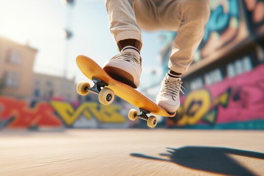A skateboarder jumps mid-air against a vibrant graffiti backdrop, showcasing dynamic movement and urban culture. - Powered by Adobe