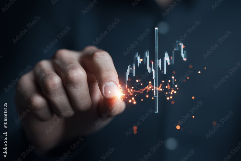 Poster a futuristic image showing a finger interacting with a digital holographic chart display, emphasizin