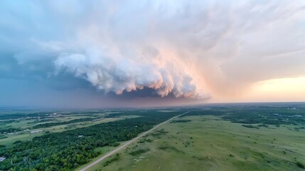 Astonishing cloud formation illuminates the sky at sunset over a serene landscape