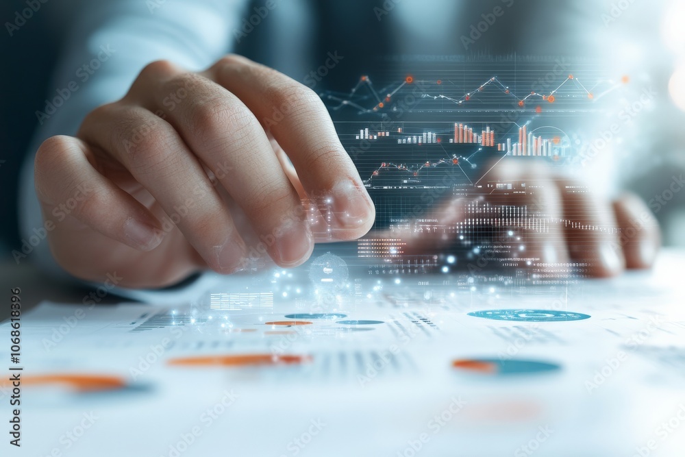 Poster a hand interacts with futuristic digital interface displaying complex data, representing the blend o