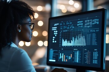 A focused woman works intently on a computer displaying data charts, embodying dedication, critical thinking, and technological engagement within a modern office.