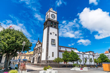 A view towards the Main Church of San Sebastian in Ponta Delgada on the island of Sao Miguel in the Azores in summertime