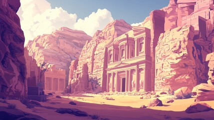 A stunning digital artwork of ancient ruins nestled among rocky cliffs, showcasing intricate architectural details.