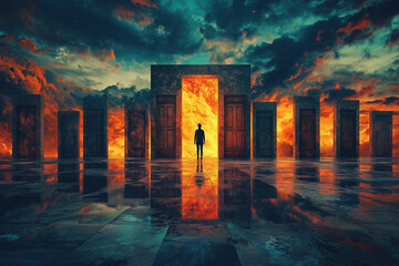 Obraz premium A person stands before fiery doors under a dramatic sky at dusk