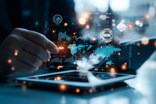 A futuristic display features digital analytics with graphs and data points, highlighting modern technology, innovation, and digital information processing.