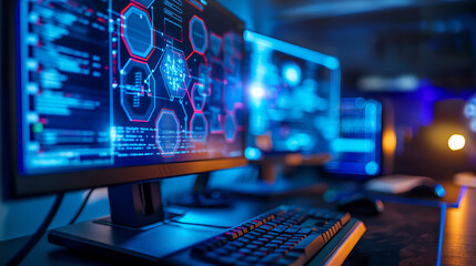 Desktop computer displaying futuristic cybersecurity interface, with glowing holographic elements and network diagrams in a dark-themed office environment.