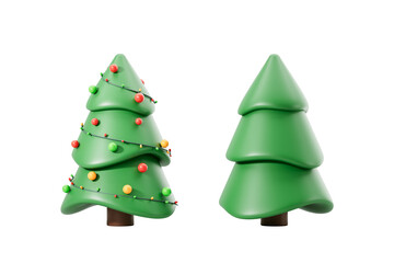Two Christmas trees, one decorated with colorful ornaments, on a white background. Festive holiday concept. 3D Rendering