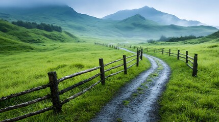 Explore the serene pathway through lush green landscape in tranquil nature setting