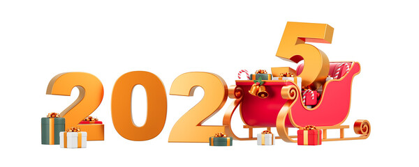 2025 numbers with a red sleigh and gifts on white background. Christmas theme with festive elements. 3D Rendering