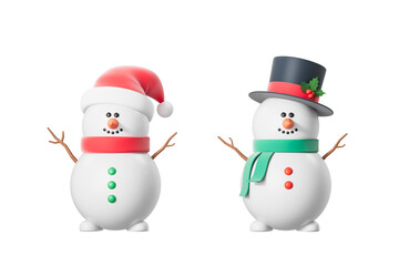 Two cheerful snowmen with hats and scarves on a white background, celebrating Christmas and the New Year. 3D Rendering
