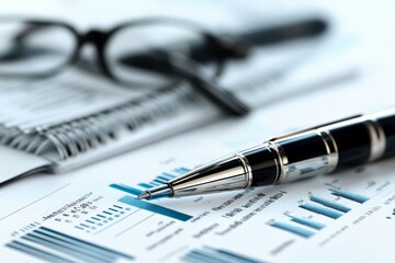 A close-up of financial documents featuring various charts and a pen signifies detailed analysis and planning, essential components for economic and business success.