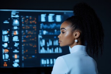 A woman in profile view examines complex data visualizations on a high-tech digital screen, emphasizing analytical thinking and modern technology in business.