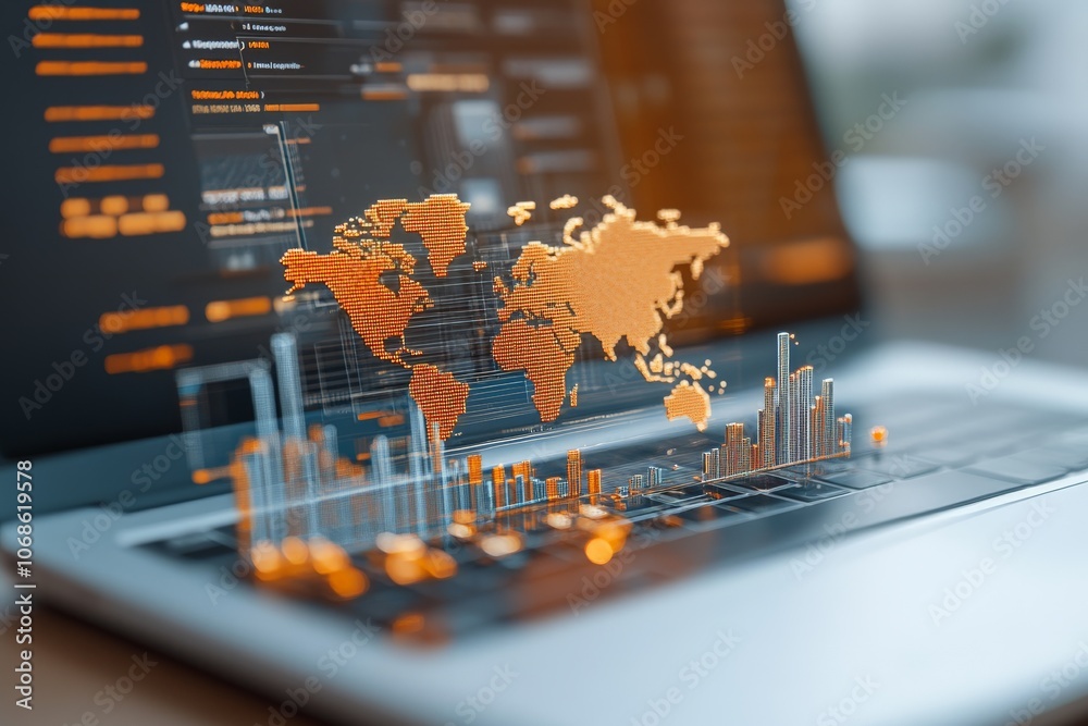 Poster a map appears on a laptop screen, displaying data visualization elements, representing global analyt