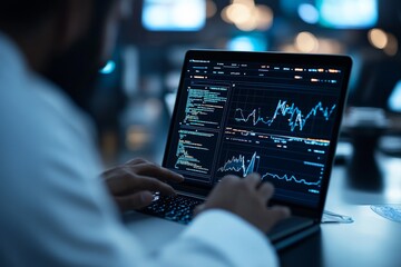 A laptop screen displays financial graphs and programming code, conveying themes of market analysis, software development, and high-tech problem solving.