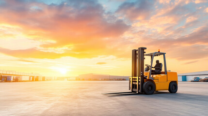 A yellow forklift operates at sunrise on an expansive industrial site, surrounded by a colorful sky and distant scenery.