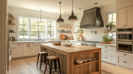 Modern farmhouse kitchen with wood island and black pendant lights