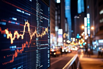 A digital billboard displays a stock market graph overlaying a vibrant city street scene, signifying the fast-paced nature of finance and urban digital integration.