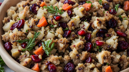 A detailed close-up of a bowl of stuffing with herbs cranberries and a scattering of chopped vegetable, Ai Generated