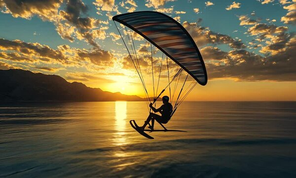 A silhouette of a person paragliding over a serene sea at sunset, creating a tranquil scene.