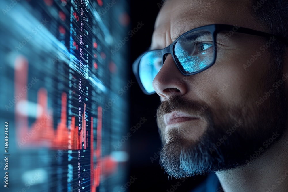 Poster an analyst deep in thought scrutinizes a high-tech display of complex data graphs, symbolizing in-de