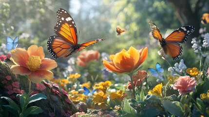 Monarch butterflies flitting through a vibrant, sunlit meadow.