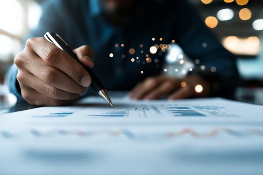 A man writes with a pen on paper filled with data charts, emphasizing diligence and careful analysis of statistical information in a focused, dedicated manner.