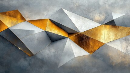 Contemporary abstract art featuring a captivating interplay of gold and silver geometric shapes against a textured background